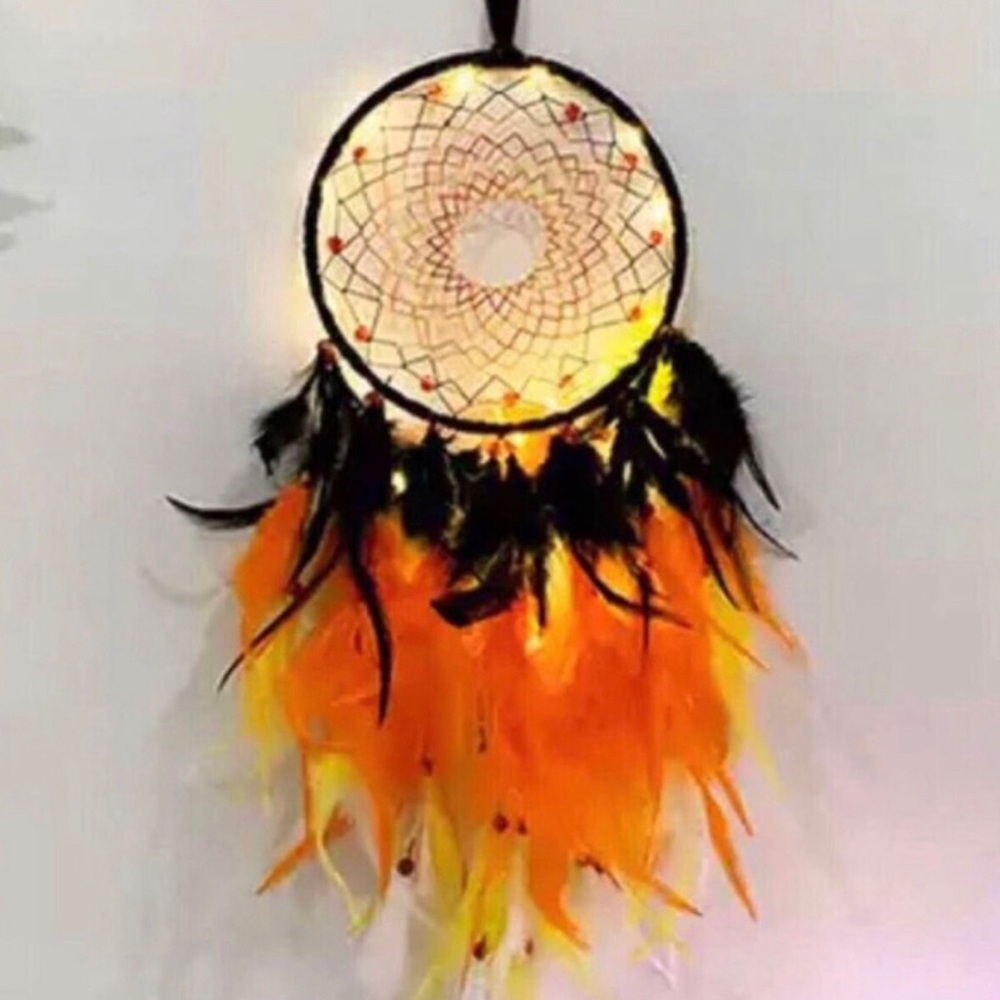 Light up Boho Dreamcatcher Wall Hanging with Black and Orange Feathers